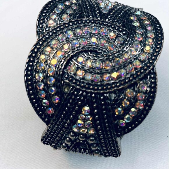 Vintage Rhinestone Cuff Bracelet 1980s, Celtic Knot Design, Silver-Tone Metal - Picture 2 of 6